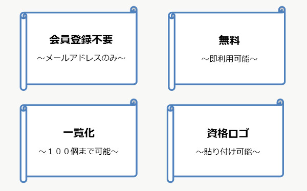 個人情報登録不要、無料で利用、一覧化、画像貼り付け可能、資格ロゴに最適、貴方のなにかを、補完処.com
